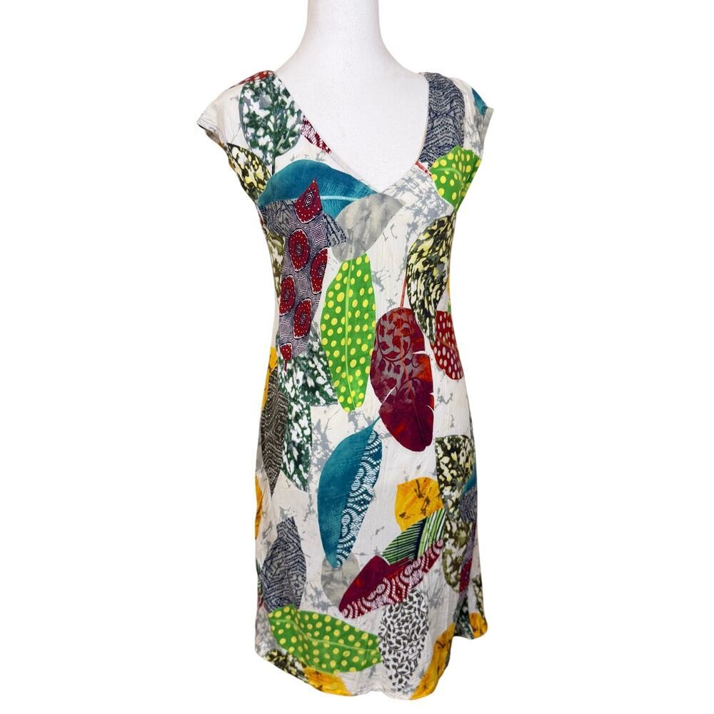Jams World Cap Sleeve Mini Dress Colorful Patchwork Leaf Print Size S Made in US